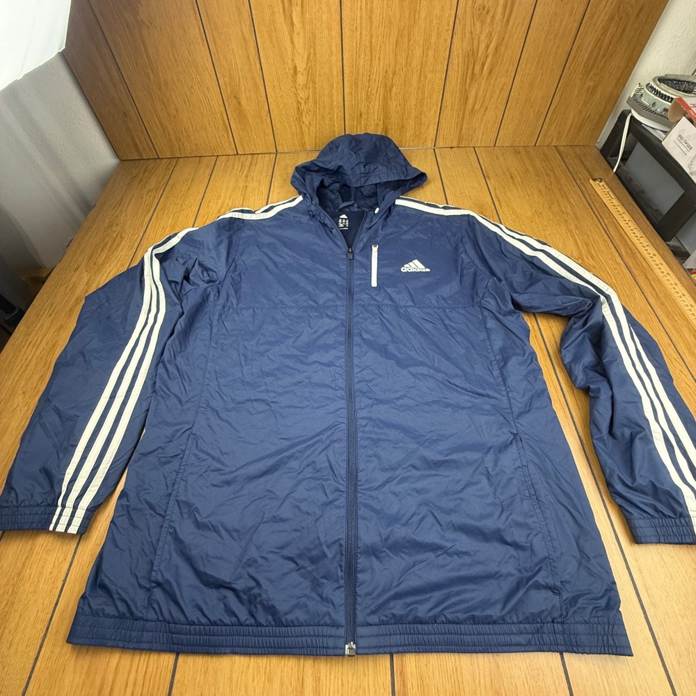 Adidas Mens Navy Blue 3-Stripe Hooded Windbreaker Jacket Mesh Lined‎ XLT